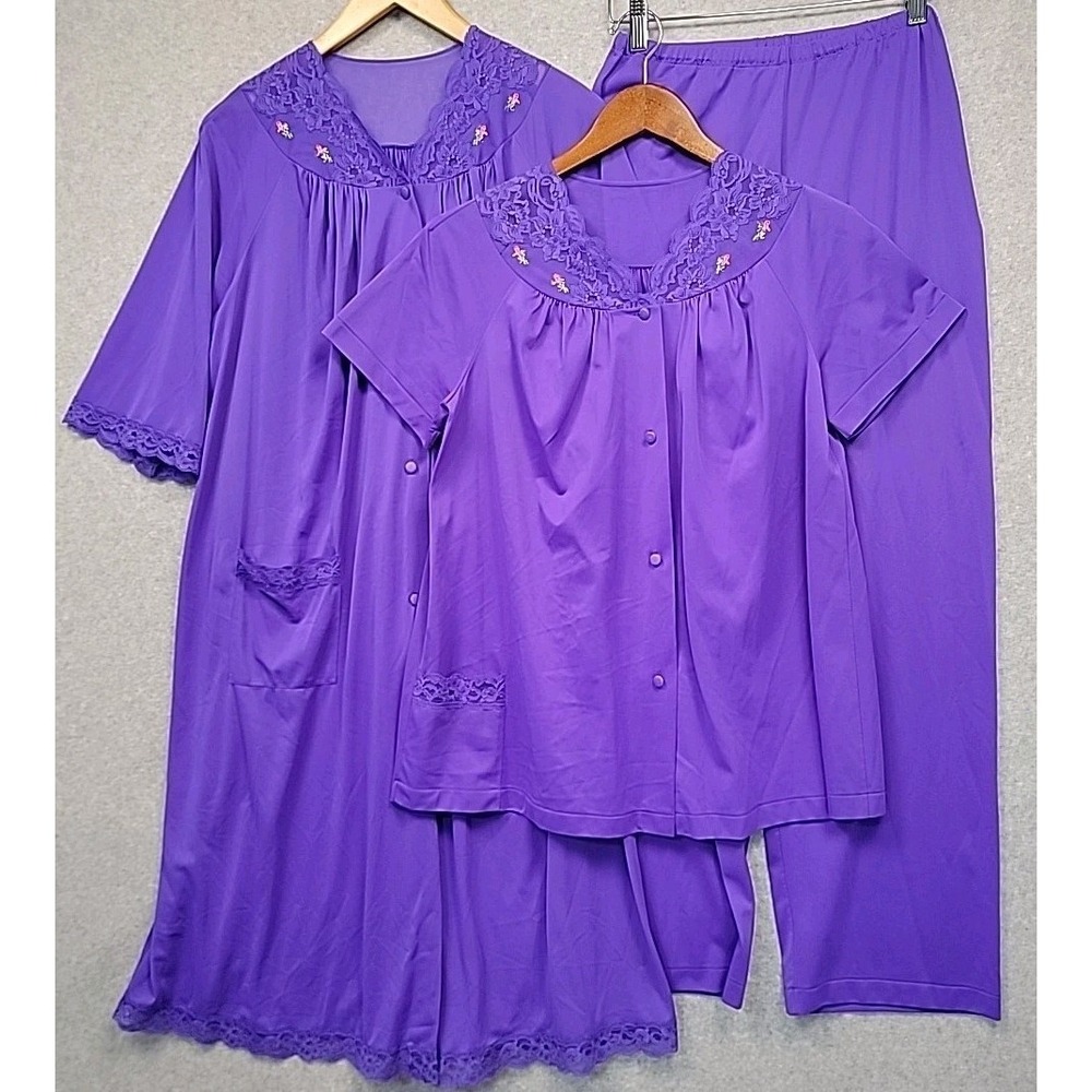 VTG Shadowline Sweetheart Neckline Lace Purple Nylon 3 Piece Pajama Set Sz Small
